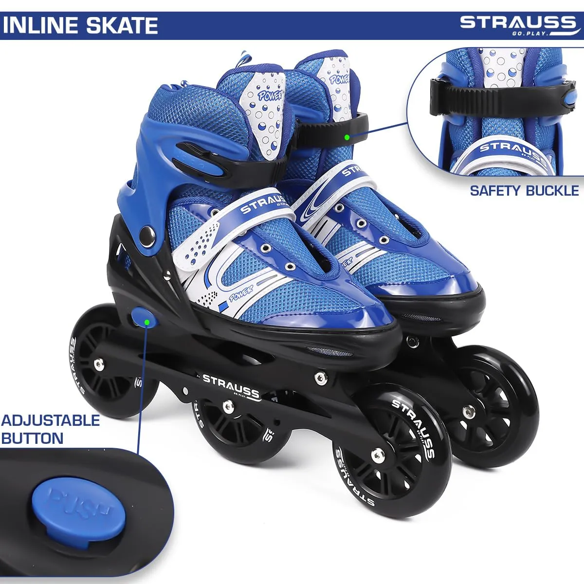 STRAUSS Blaze Adjustable Size Inline Skates | Skating Shoes for Boys & Girls | 3 Wheels |Beginner-Friendly Skating Shoe | Adjustable Roller Blades | Enhanced Stability and Support| Size L,(Blue)