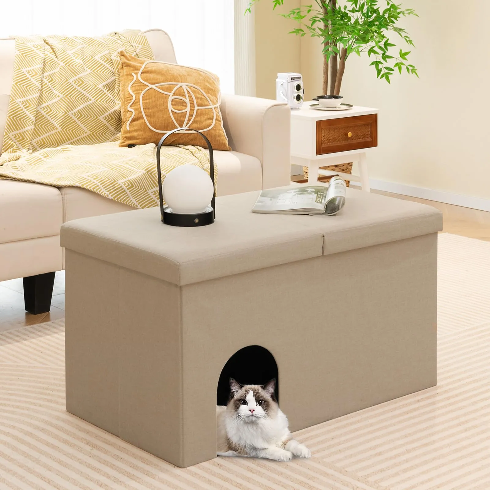 Tangkula Cat Litter Box Enclosure, Hidden Litter Box Furniture Ottoman with Urine Proof Litter Mat