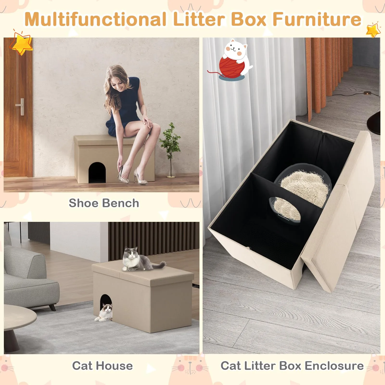 Tangkula Cat Litter Box Enclosure, Hidden Litter Box Furniture Ottoman with Urine Proof Litter Mat