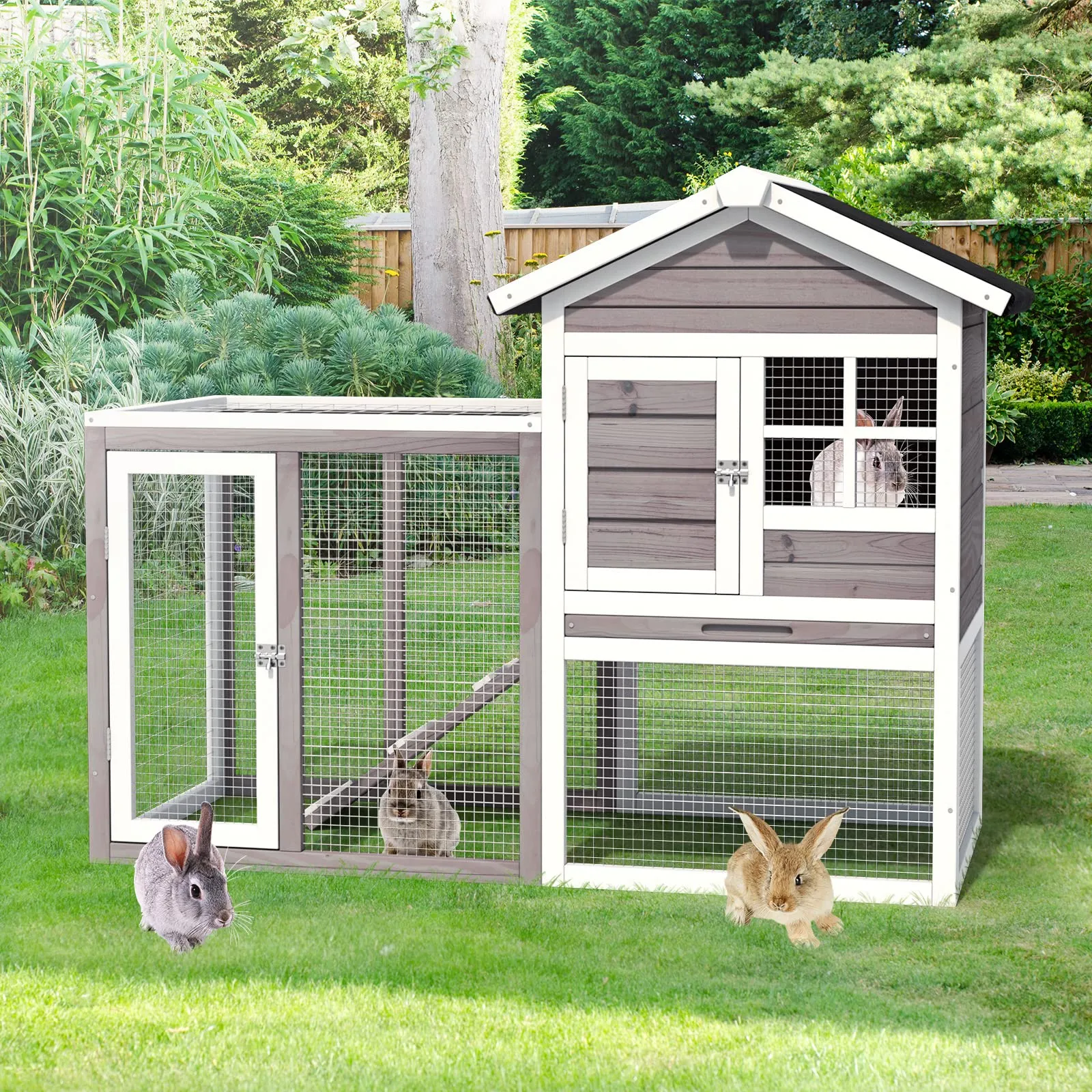 Tangkula Wood Rabbit Hutch, Outdoor Indoor Bunny Cage with Run, Removable Tray, Ramp, Ventilate Door