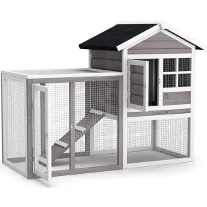 Tangkula Wood Rabbit Hutch, Outdoor Indoor Bunny Cage with Run, Removable Tray, Ramp, Ventilate Door