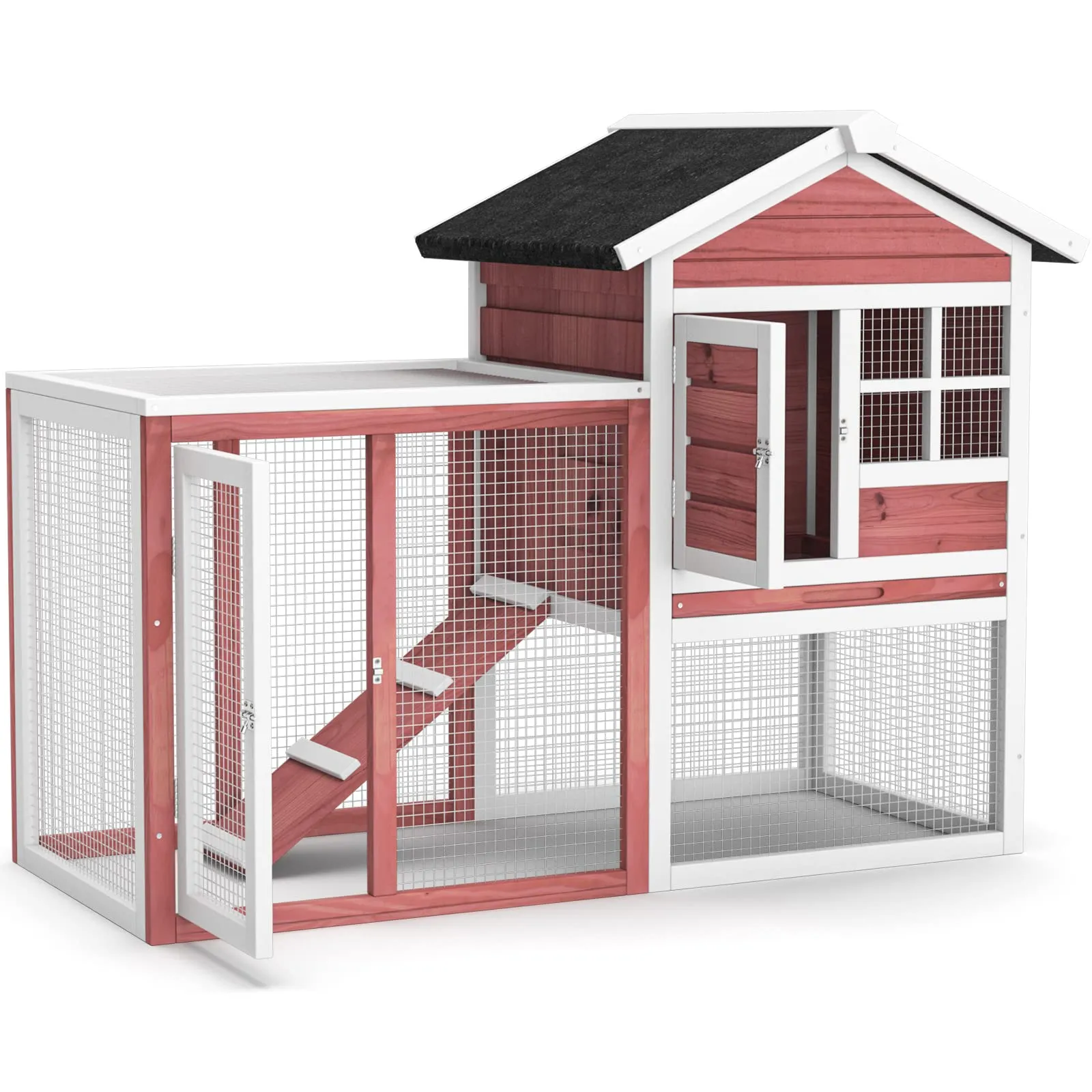 Tangkula Wood Rabbit Hutch, Outdoor Indoor Bunny Cage with Run, Removable Tray, Ramp, Ventilate Door