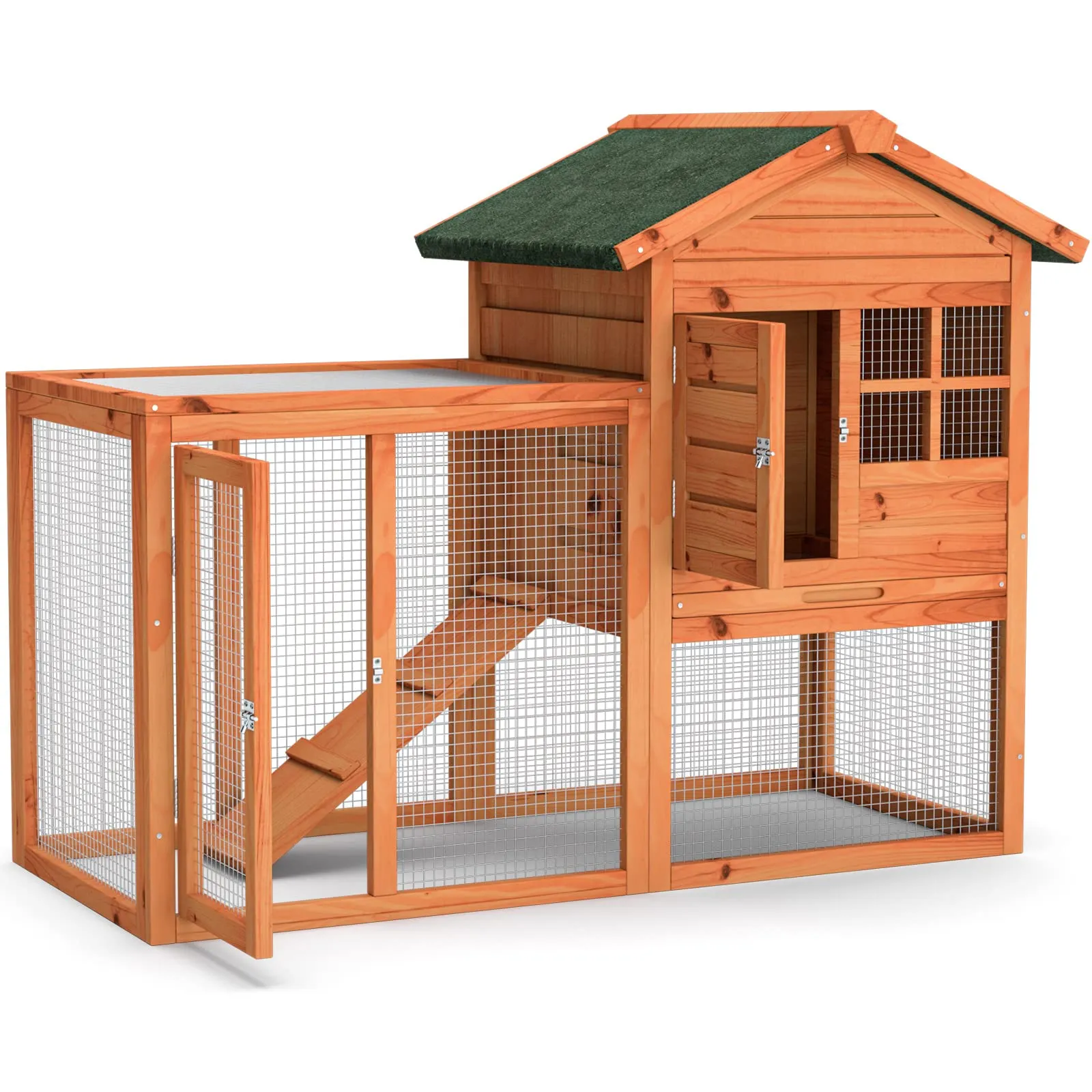 Tangkula Wood Rabbit Hutch, Outdoor Indoor Bunny Cage with Run, Removable Tray, Ramp, Ventilate Door