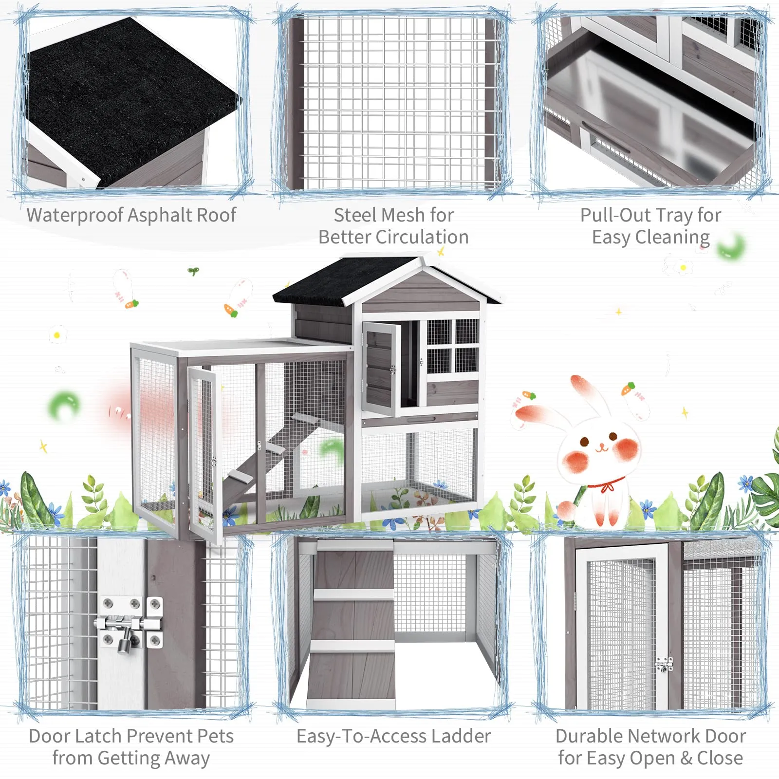 Tangkula Wood Rabbit Hutch, Outdoor Indoor Bunny Cage with Run, Removable Tray, Ramp, Ventilate Door