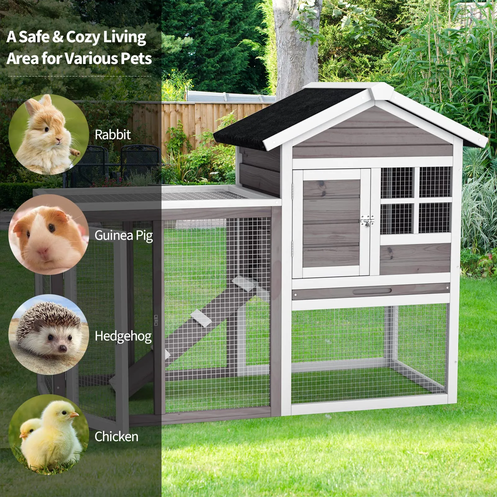 Tangkula Wood Rabbit Hutch, Outdoor Indoor Bunny Cage with Run, Removable Tray, Ramp, Ventilate Door