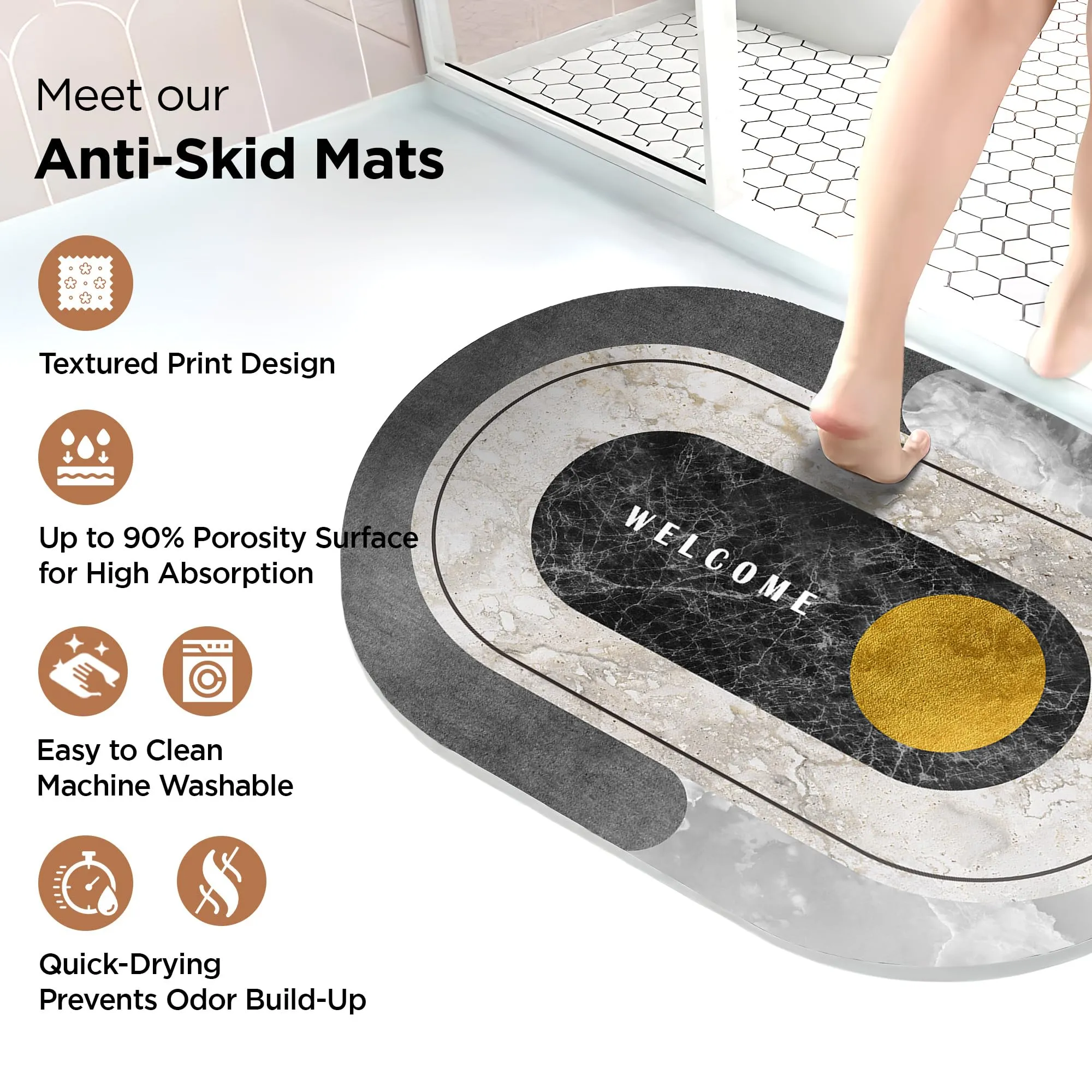 UMAI Polyester Rubber Bathroom Mat (40 * 60cm) Bath Mat | Anti Skid Mat for Bathroom Floor | Bathroom Accessories | Bathroom Mats Water Soak | Non Slip Mat for Bathroom | Floor Mat- Textured Grey