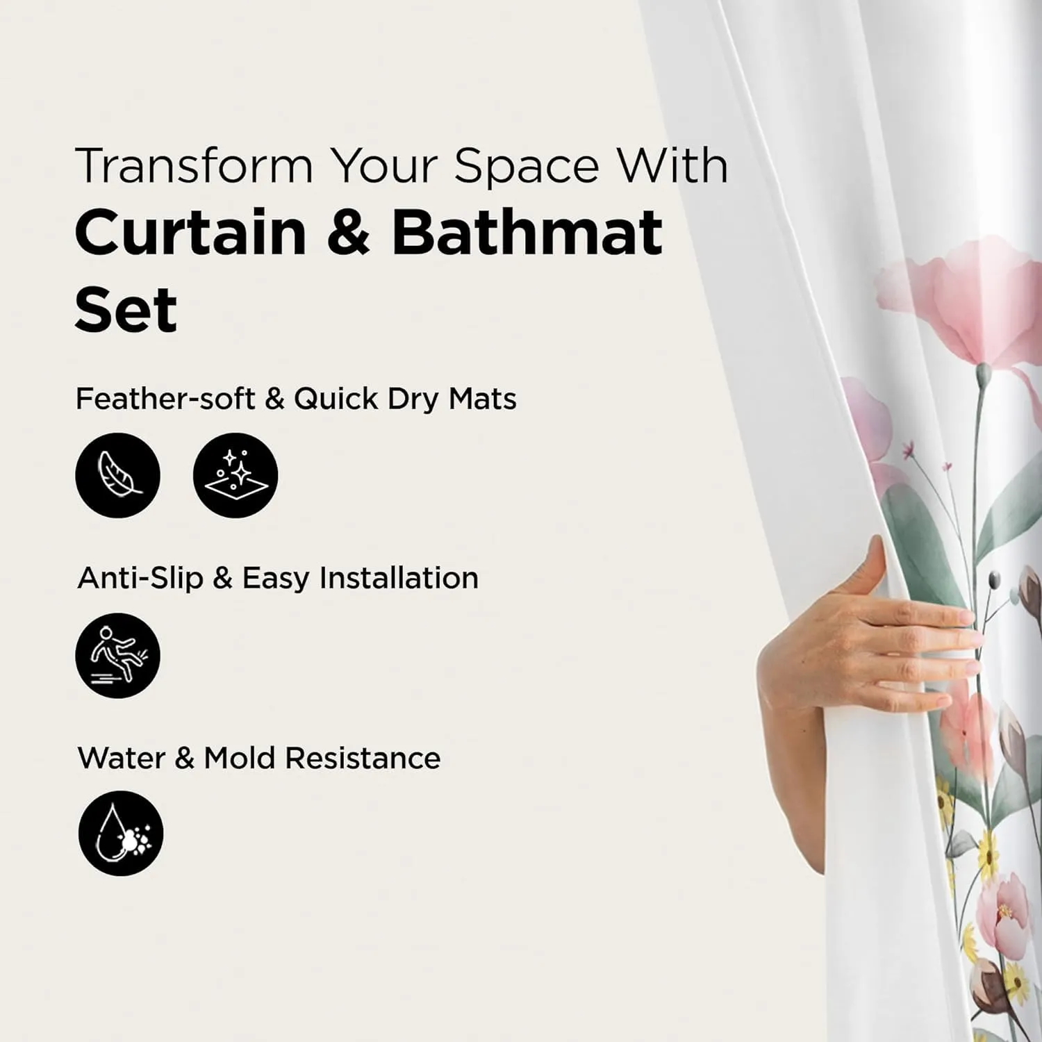 Urbane Home 7 Feet Shower Curtain & 2 Pcs Bathmat I Anti Slip I Quick Dry I Waterproof I Easy-Slide Curtains I Bath Decor I Multicolour