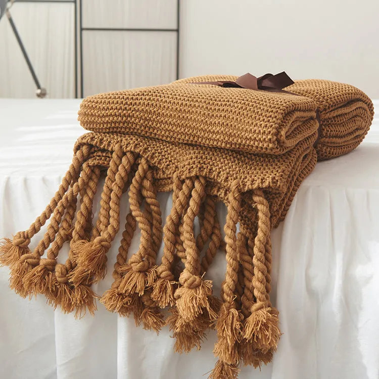 Waffle Knit Throw Blanket with Tassels