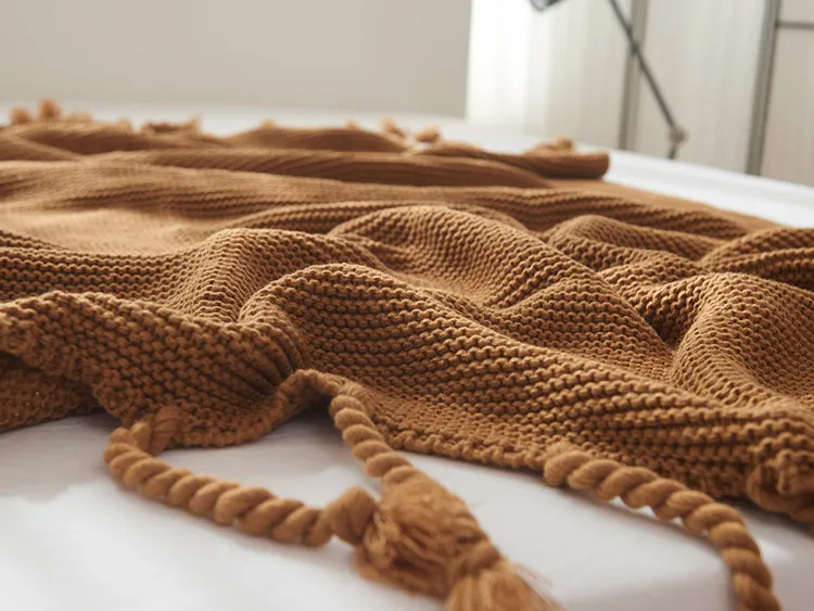 Waffle Knit Throw Blanket with Tassels