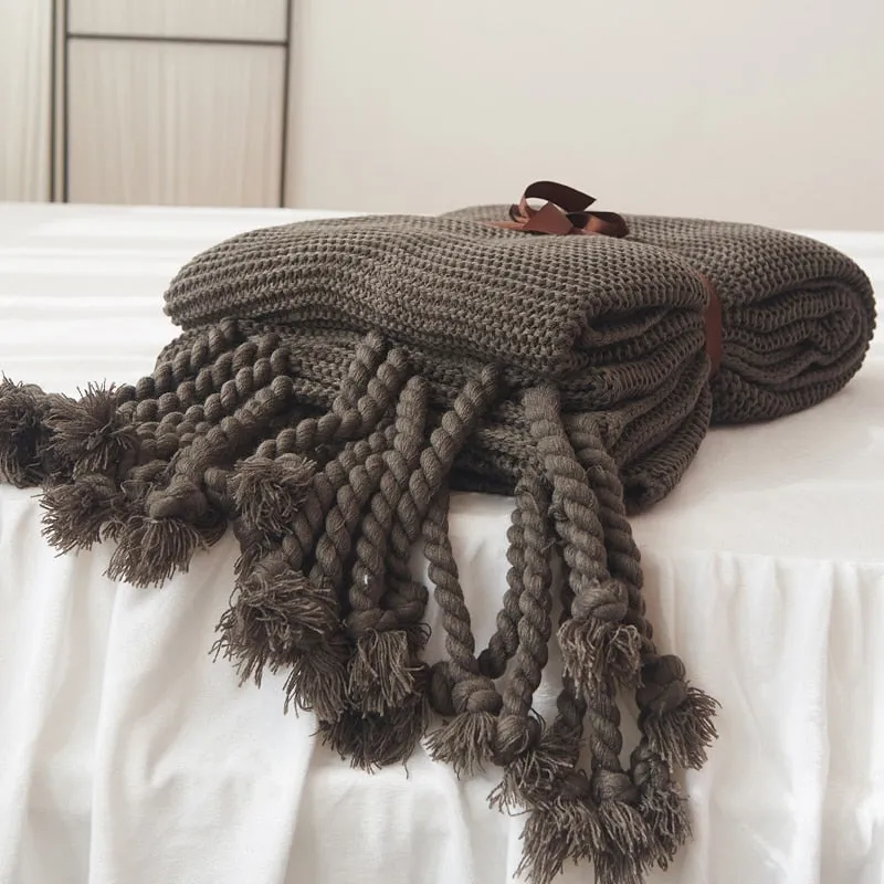 Waffle Knit Throw Blanket with Tassels