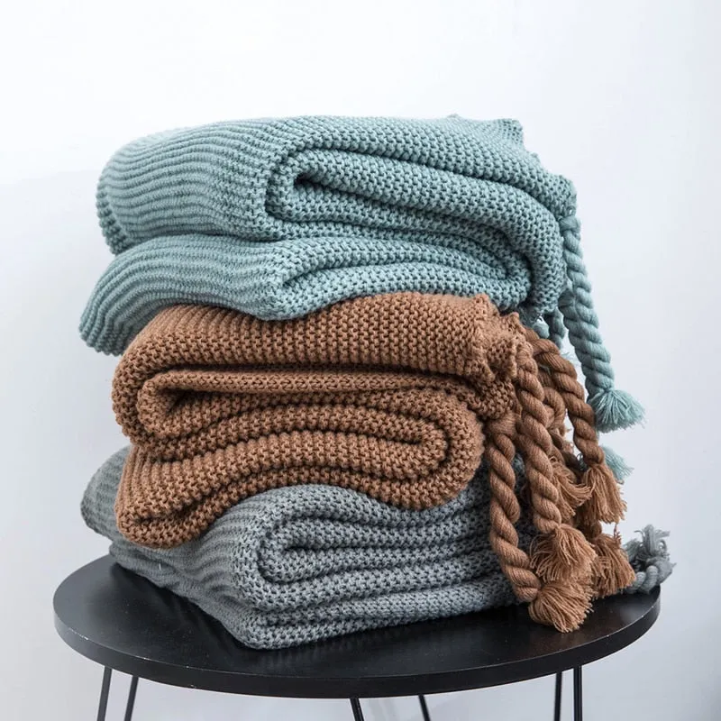 Waffle Knit Throw Blanket with Tassels