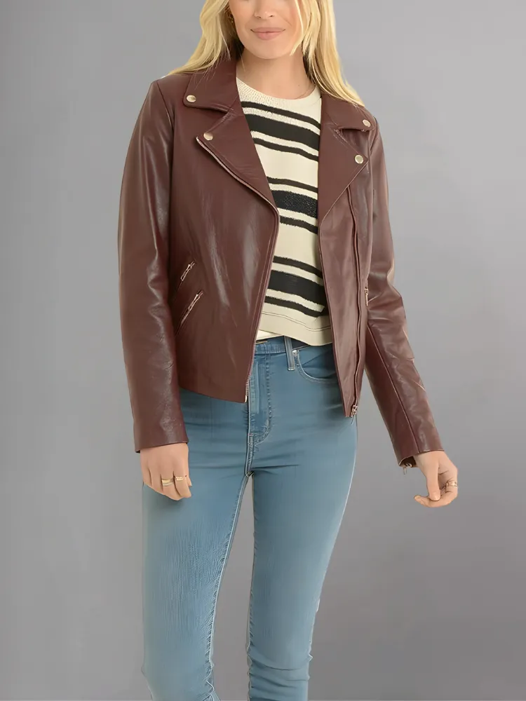 Women's Casual Stylish Biker Light Brown Leather Jacket