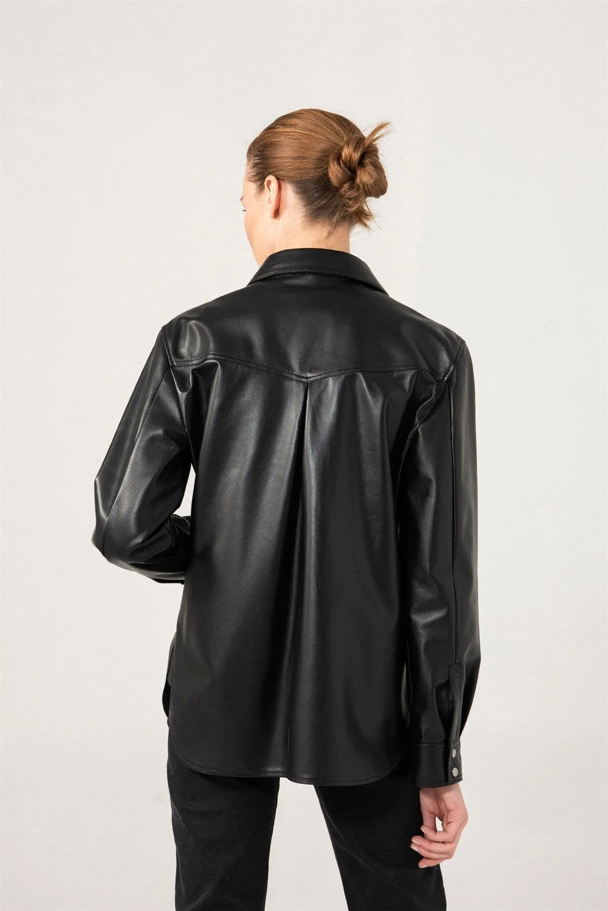 Women's Stylish Black Leather Shirt Jacket